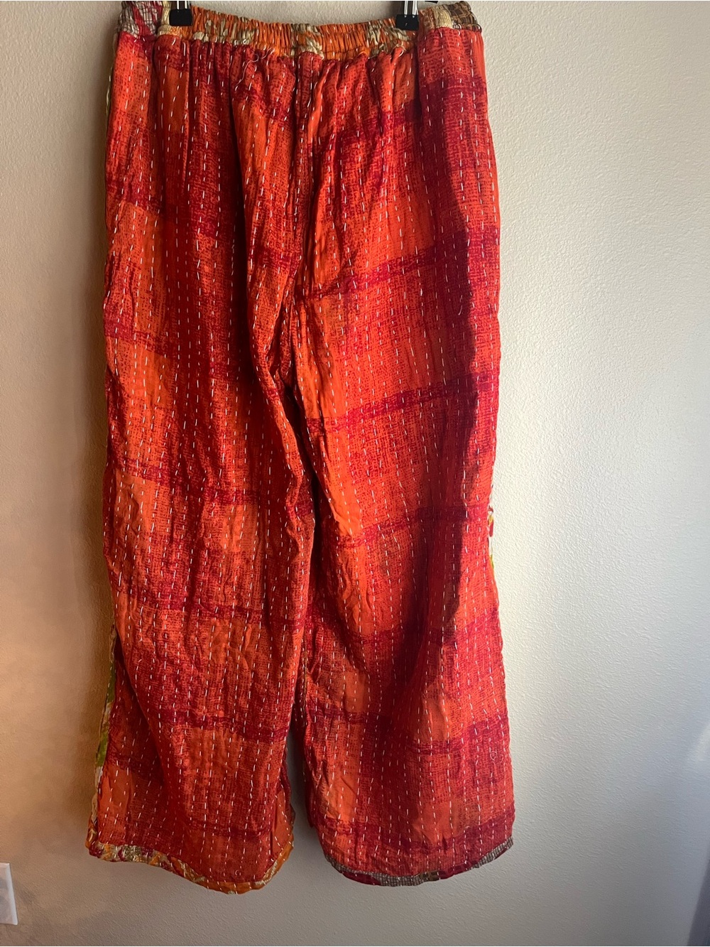 Reversible Kantha Bohemian Orange Patchwork Wide-Leg Pants - Picture 7 of 8